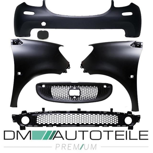 SET Smart Fortwo 453 Stoßstange vorne+Abdeckung Zughaken+Kühlergitter+Stoßstangengitter+Kotflügel vorne Re. & Li. 09/14