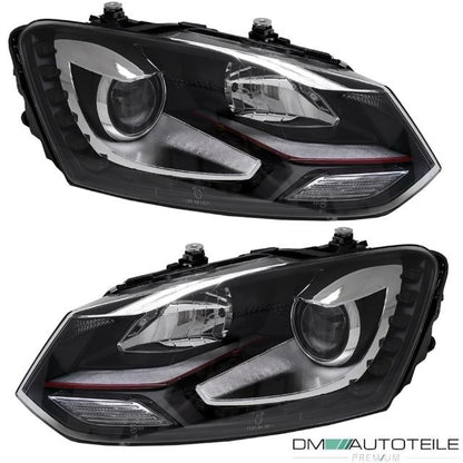 Satz Scheinwerfer Schwarz LED TFL GTI Fassung H7/H7 für VW Polo 6R 6C 10-17