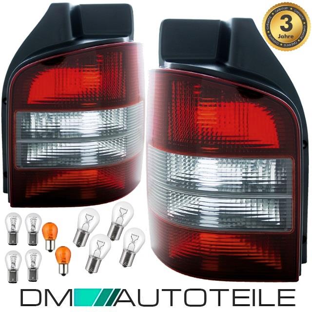 Rückleuchten SET Rot Schwarz + Birnen SET passt für VW T5 mit Heckklappe 03-09