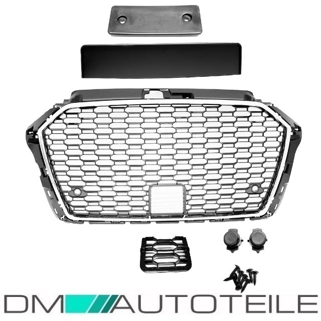 Kühlergrill Wabengrill Schwarz Chrom + Kennzeichenleiste passend Audi A3 8V Facelift ab 2015 + RS3 Modelle