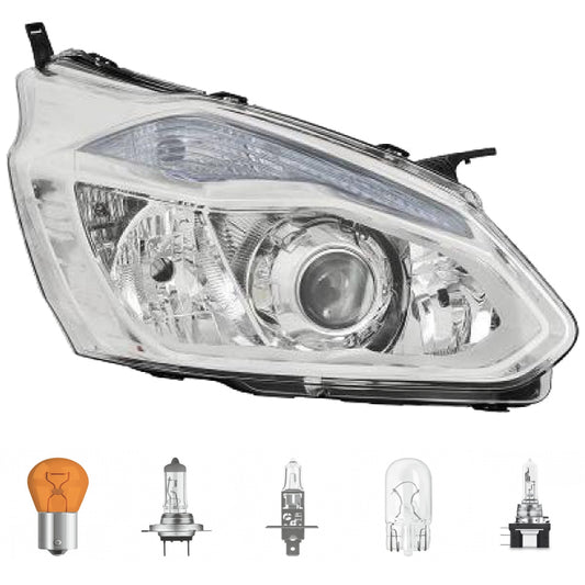 Scheinwerfer rechts chrom passt für Ford Tourneo CUSTOM V362 Vorfacelift 12-18 inklusive Leuchtmittel/Birnen