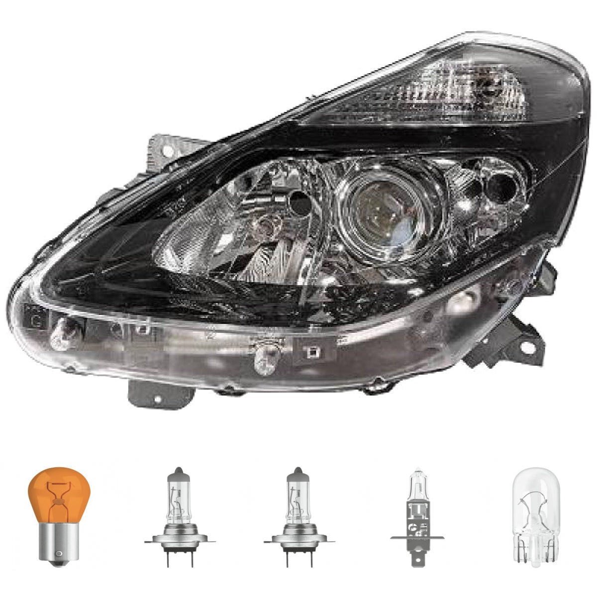 Scheinwerfer links schwarz H7/H7/H1 +Kurvenlicht passt für Renault Clio III 09> inklusive Leuchtmittel/Birnen