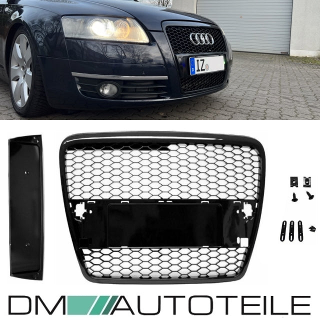 Kühlergrill Wabengrill Schwarz Hochglanz + Kennzeichenplatte passend für Audi A6 C6 Bj 04-09 RS6