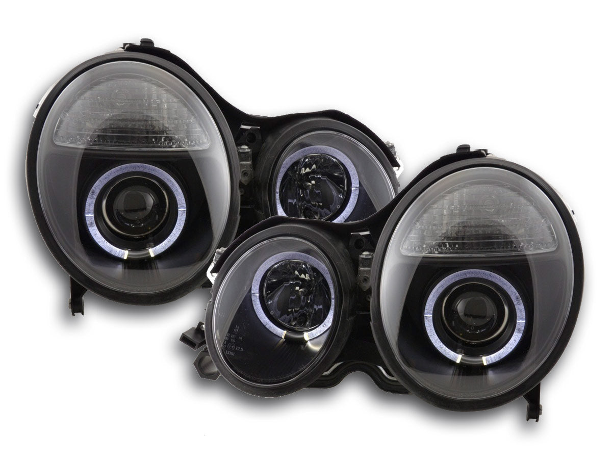 Scheinwerfer Set Angel Eyes Mercedes E-Klasse Typ W210  99-01 schwarz für Rechtslenker