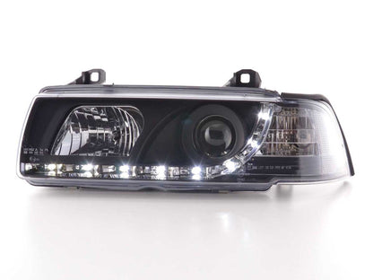 Scheinwerfer Set Daylight LED TFL-Optik BMW 3er Limo Typ E36 Bj. 92-98 schwarz