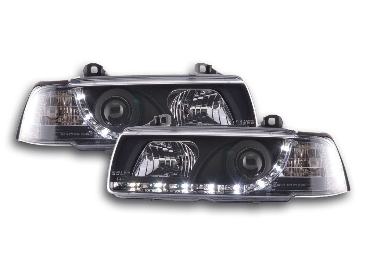 Scheinwerfer Set Daylight LED TFL-Optik BMW 3er Limo Typ E36 Bj. 92-98 schwarz