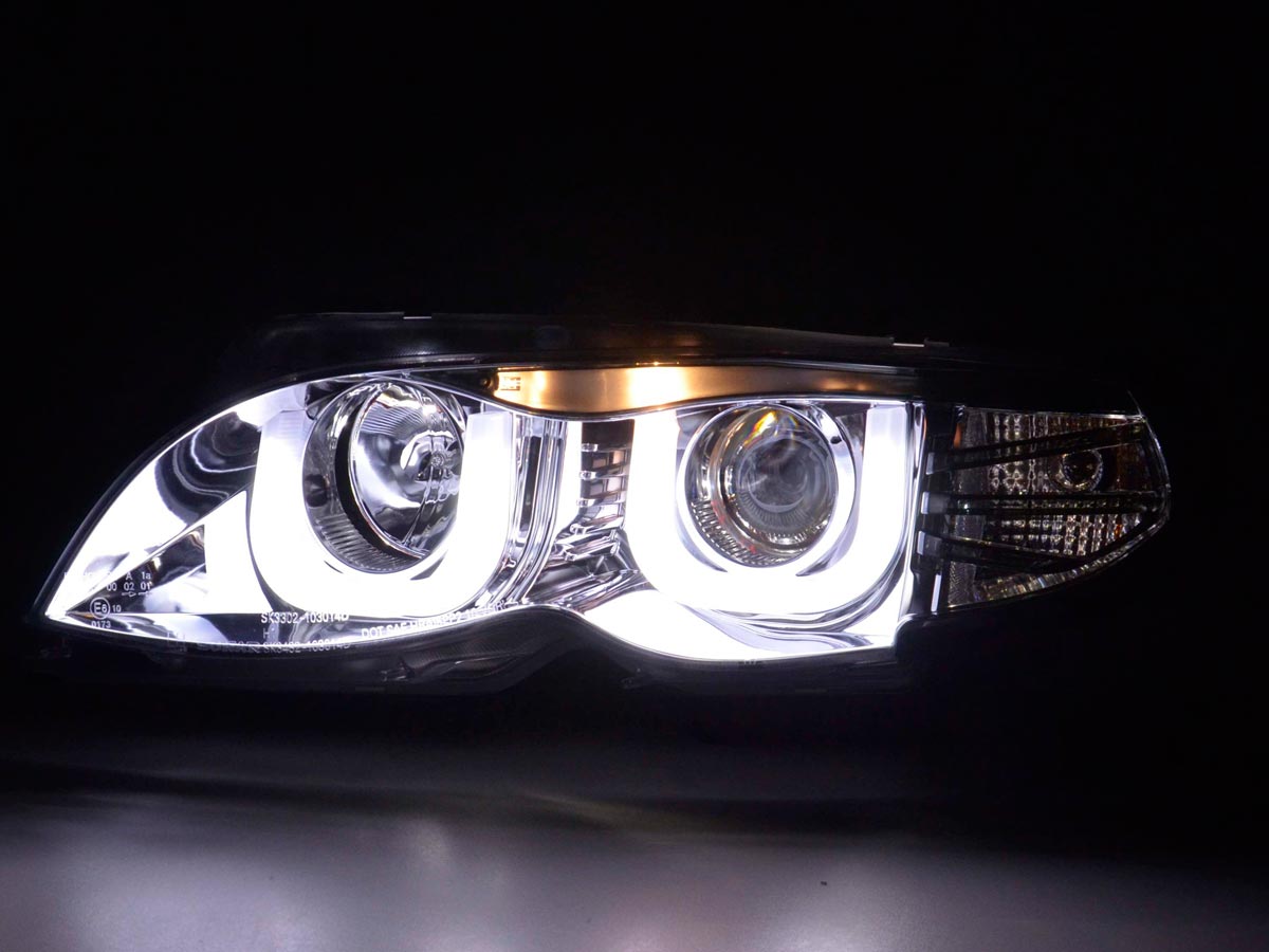 Scheinwerfer Set Daylight LED TFL-Optik BMW 3er E46 Limo/Touring Bj. 02-05 chrom für Rechtslenker