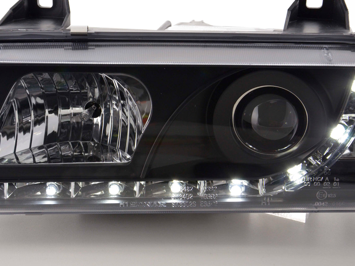 Scheinwerfer Set Daylight LED Tagfahrlicht BMW 3er E36 Coupe Bj. 92-99 schwarz