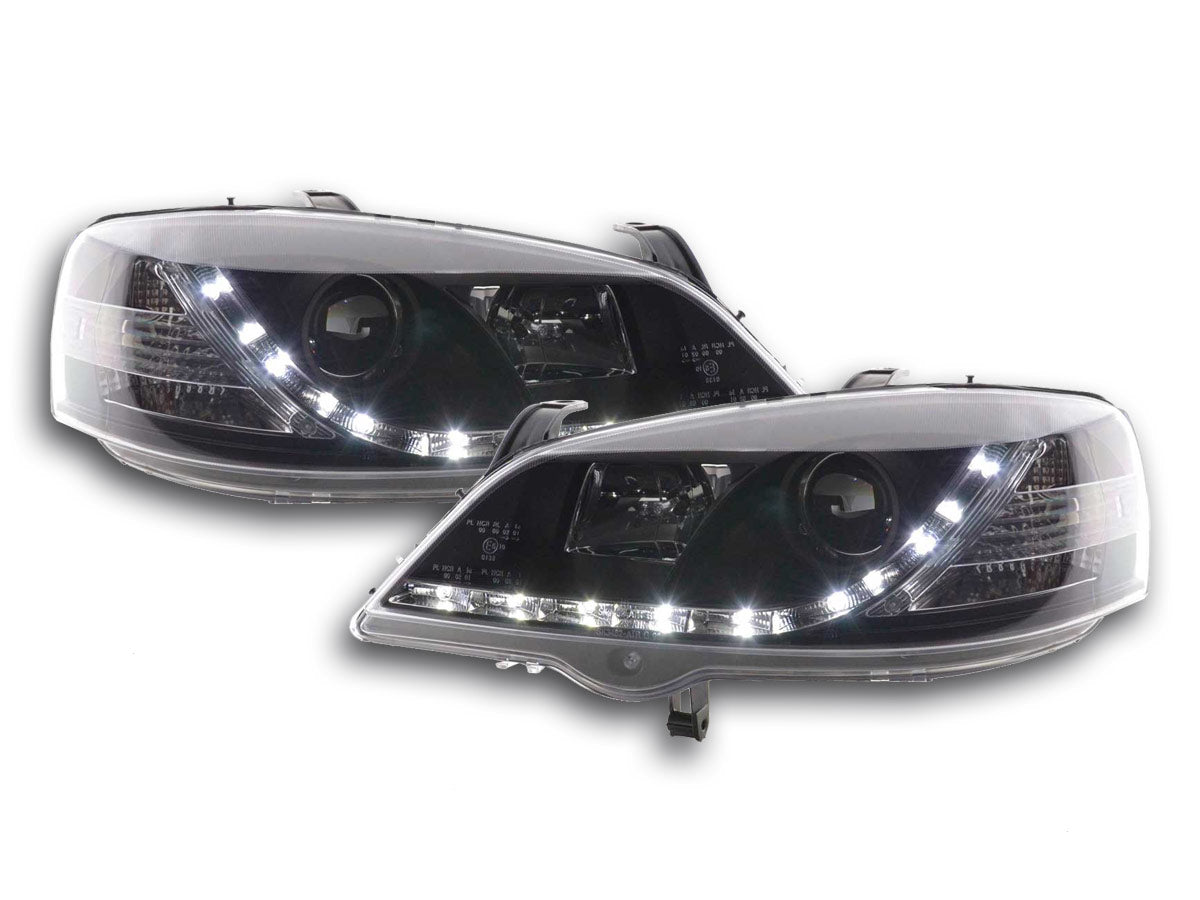 Scheinwerfer Set Daylight LED TFL-Optik Opel Astra G  98-03 schwarz