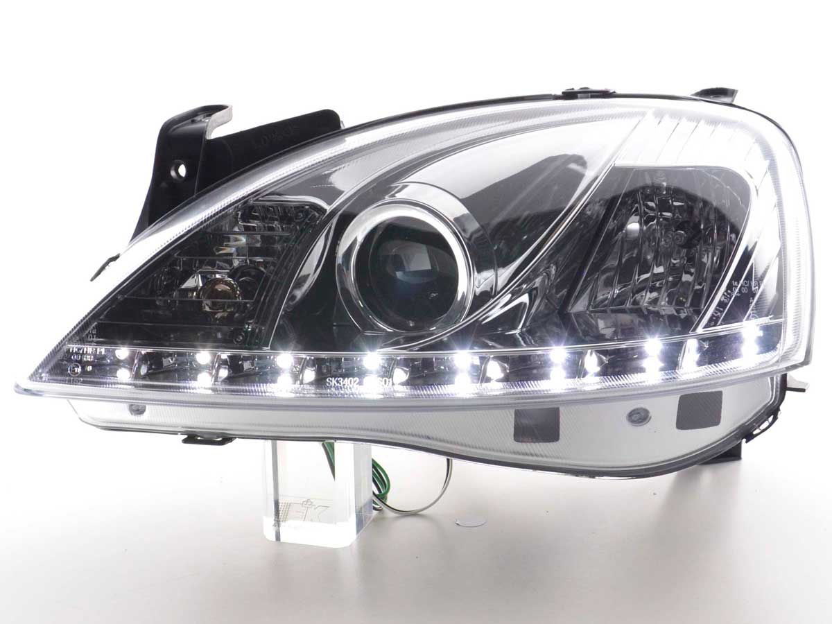 Scheinwerfer Set Daylight LED TFL-Optik Opel Corsa C Bj. 01-06 chrom