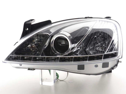 Scheinwerfer Set Daylight LED TFL-Optik Opel Corsa C Bj. 01-06 chrom