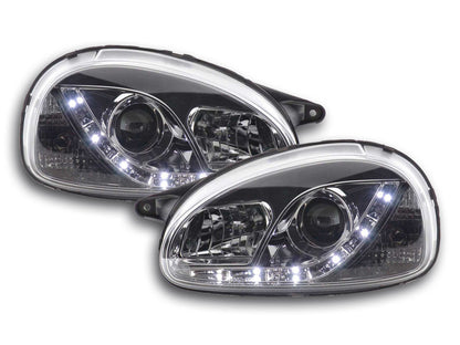 Scheinwerfer Set Daylight LED TFL-Optik Opel Corsa B Bj. 94-00 chrom