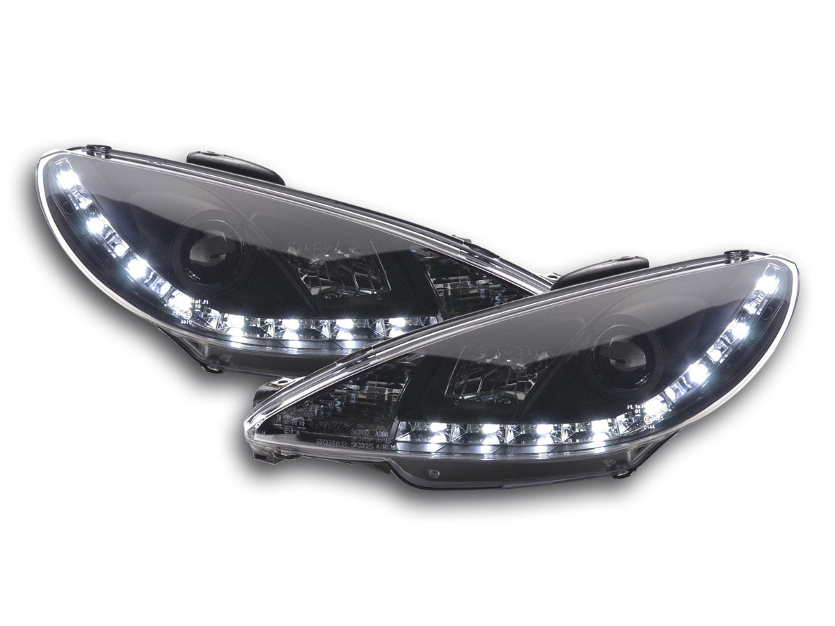 Scheinwerfer Set Daylight LED Tagfahrlicht Peugeot 206 Typ S16 Bj. 98- schwarz