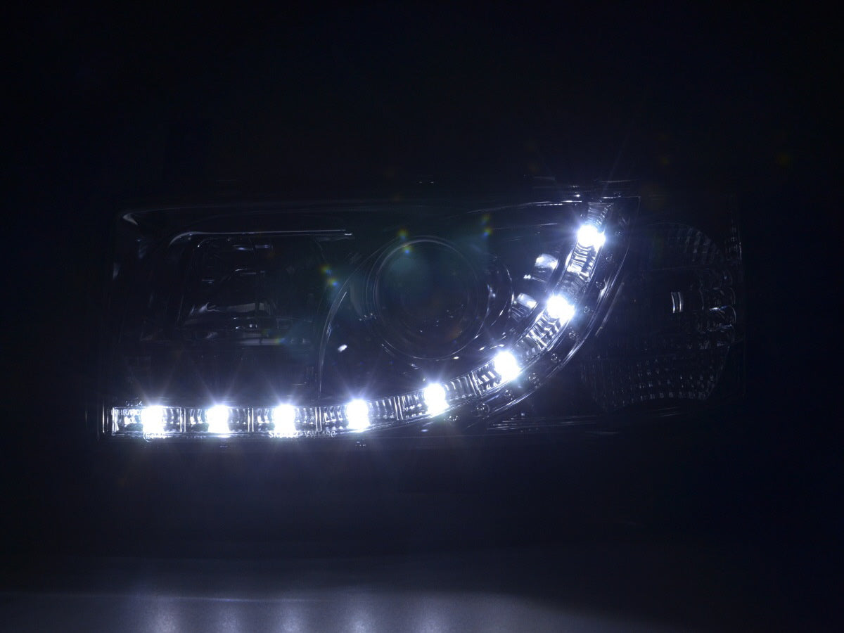 Scheinwerfer Set Daylight LED TFL-Optik VW Bus Typ T4 Bj. 90-03 chrom für Rechtslenker