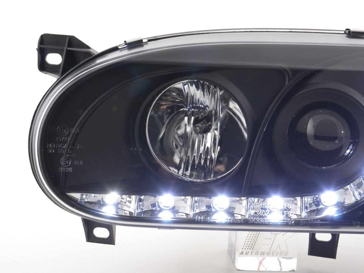 Scheinwerfer Set Daylight LED TFL-Optik VW Golf 3 Typ 1HXO 1EXO Bj. 91-97 schwarz