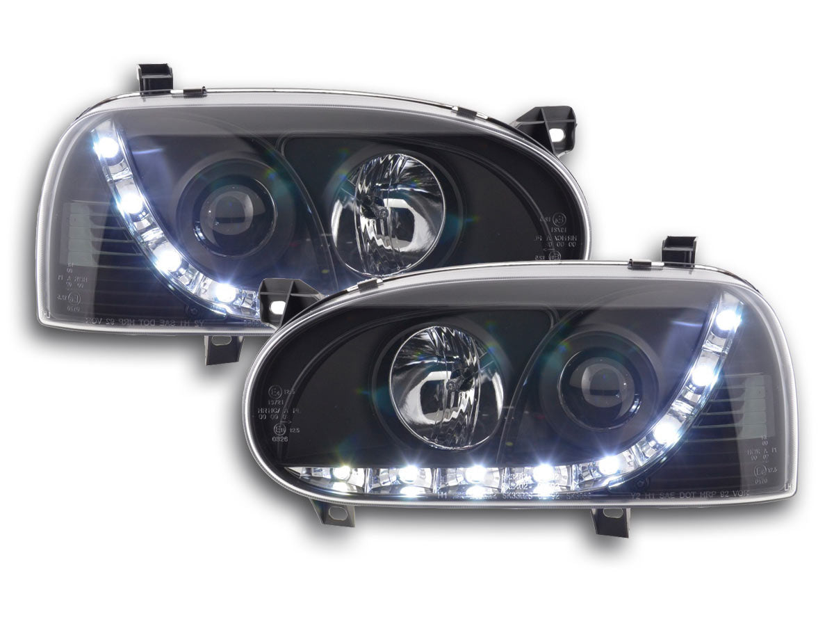 Scheinwerfer Set Daylight LED TFL-Optik VW Golf 3 Typ 1HXO 1EXO Bj. 91-97 schwarz
