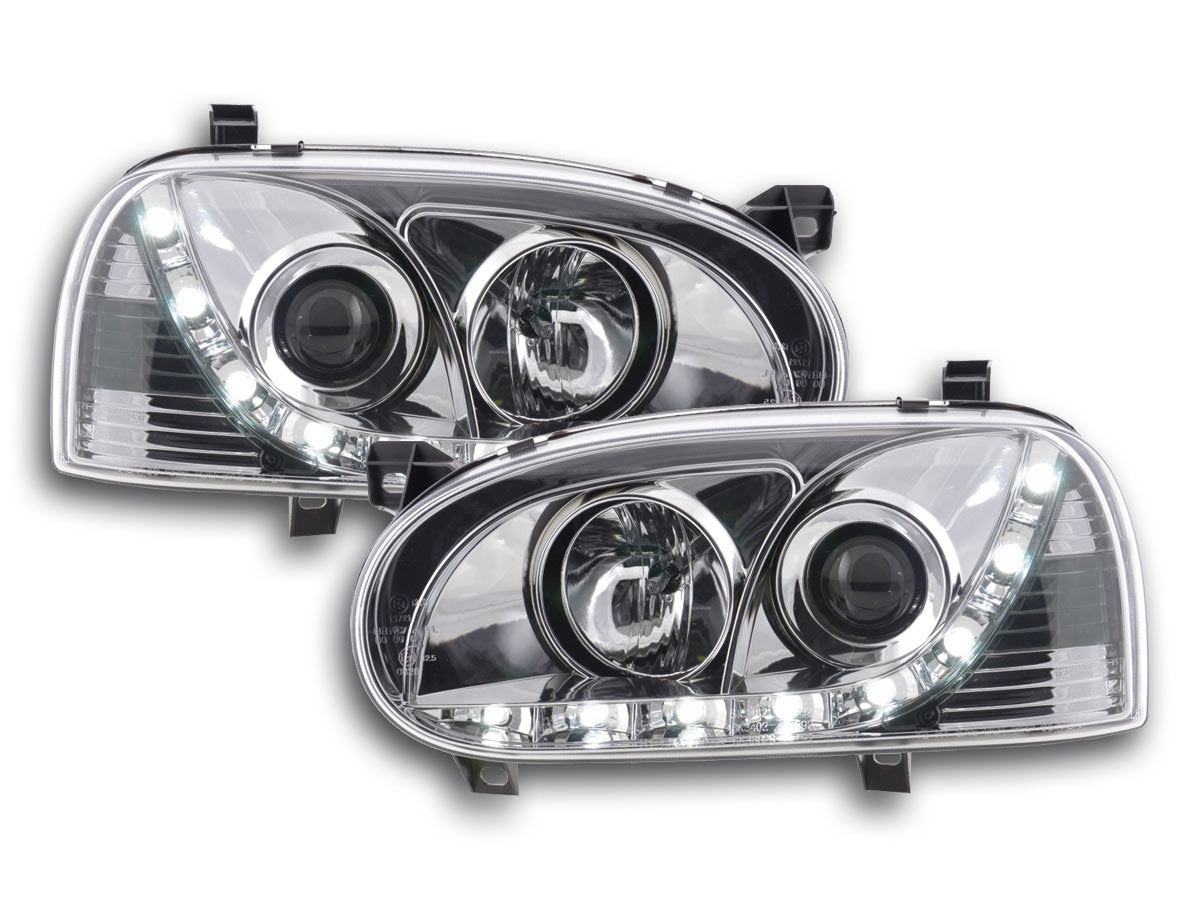 Scheinwerfer Set Daylight LED Tagfahrlicht VW Golf 3 Bj. 91-97 chrom für Rechtslenker