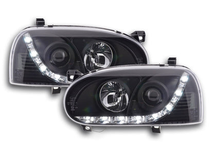 Scheinwerfer Set Daylight LED Tagfahrlicht VW Golf 3 Bj. 91-97 schwarz für Rechtslenker