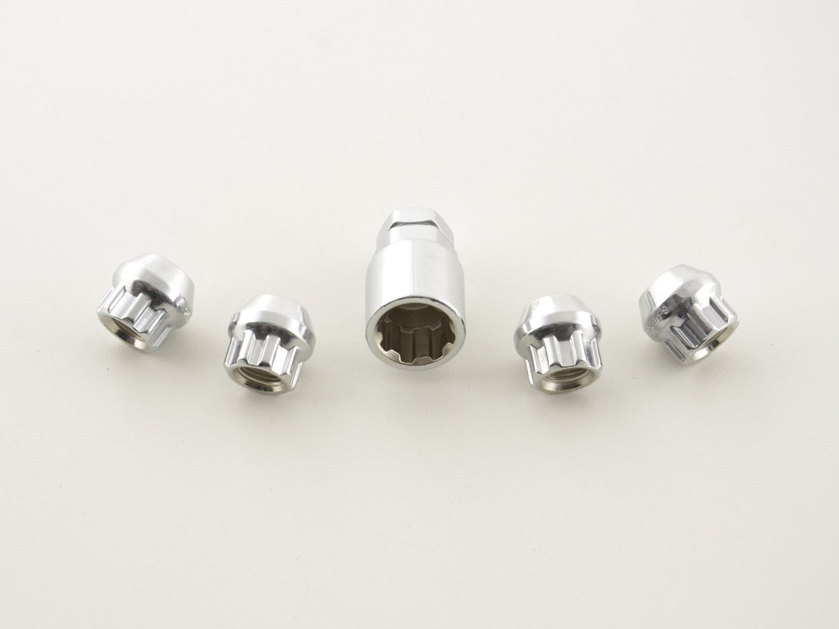 FK Felgenschloss 4er Set M12 x 1,5 KE 4 Radmuttern offen + 1 Adapter chrom