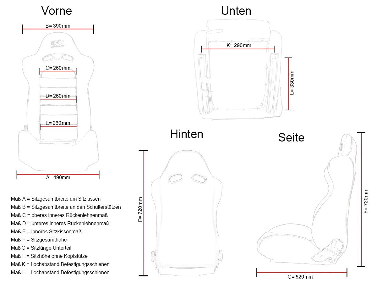 FK Oldtimersitze Auto Vollschalensitze Set Classic 3 Kunstleder schwarz mit Kopfstütze ohne Laufschienen